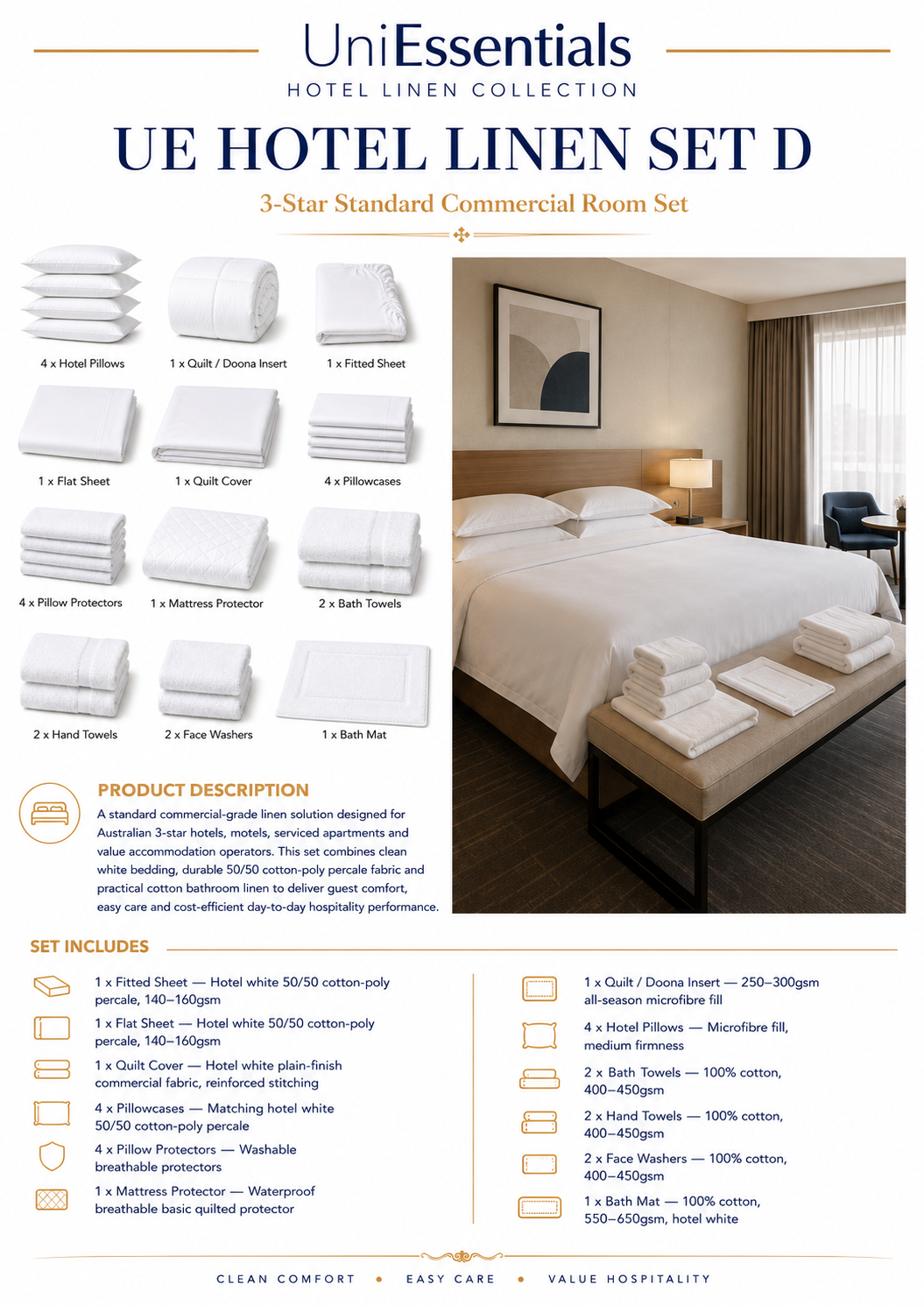 UE Hotel Linen Set D 3-Star Standard Commercial Room Set product image